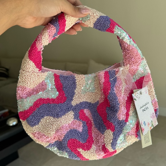Pastel Abstract Beaded Hobo Bag – Handmade in India - Picture 1 of 5